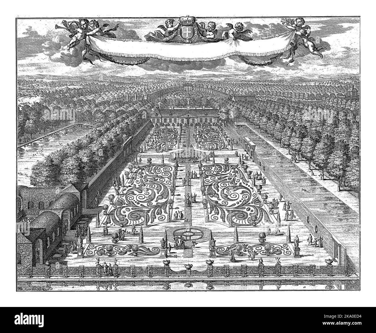 Parterretuin su Zorgvliet, Johannes Jacobsz van den Aveele, 1721 - 1774 Vista dall'alto del giardino al piano terra sulla tenuta Zorgvliet, l'Aia. Foto Stock