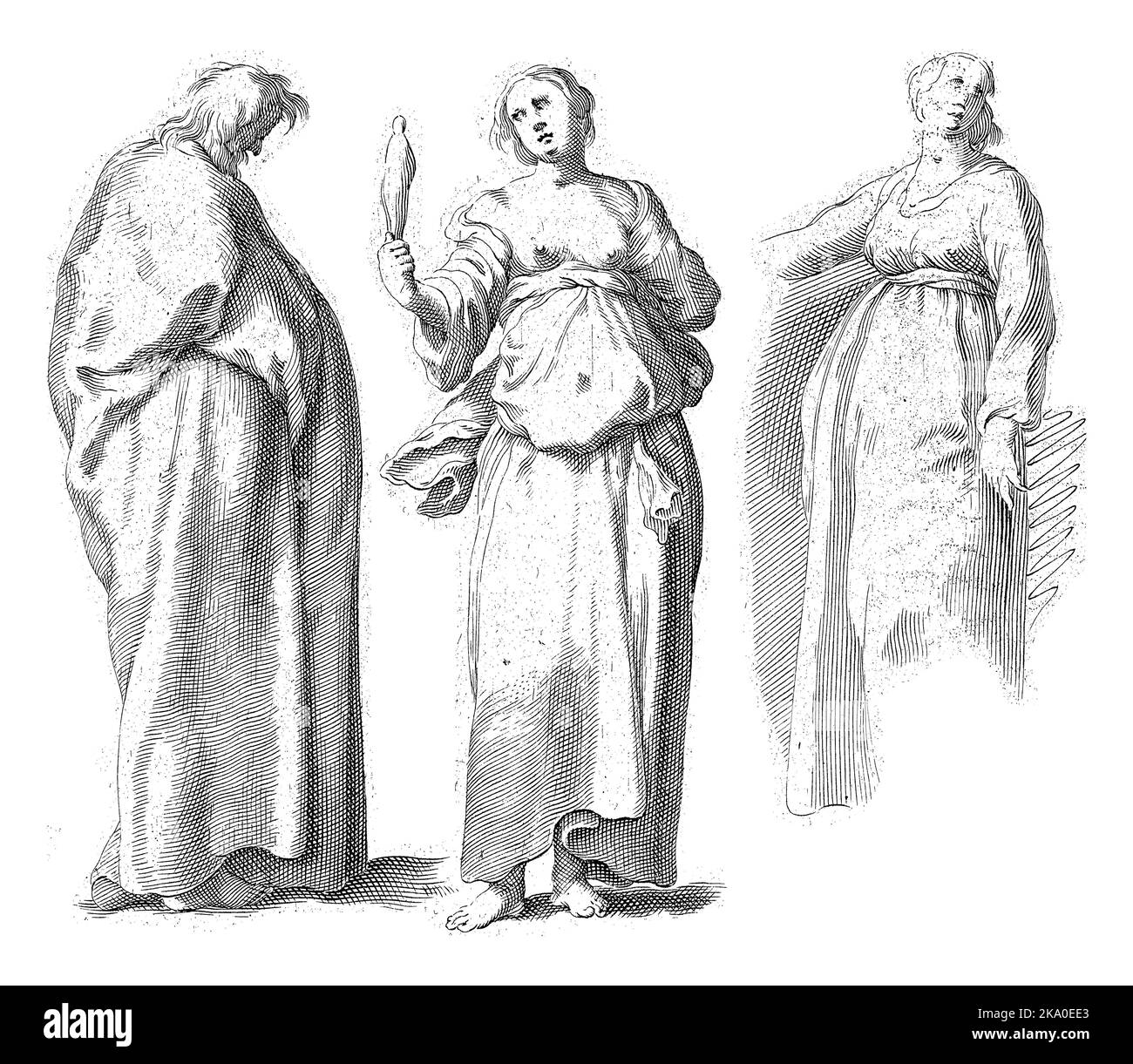 Una donna tiene un batone ad un uomo che si trova di fronte a lei con la testa piegata. Sullo sfondo una seconda donna. Copia dopo una rappresentazione dal disegno Foto Stock