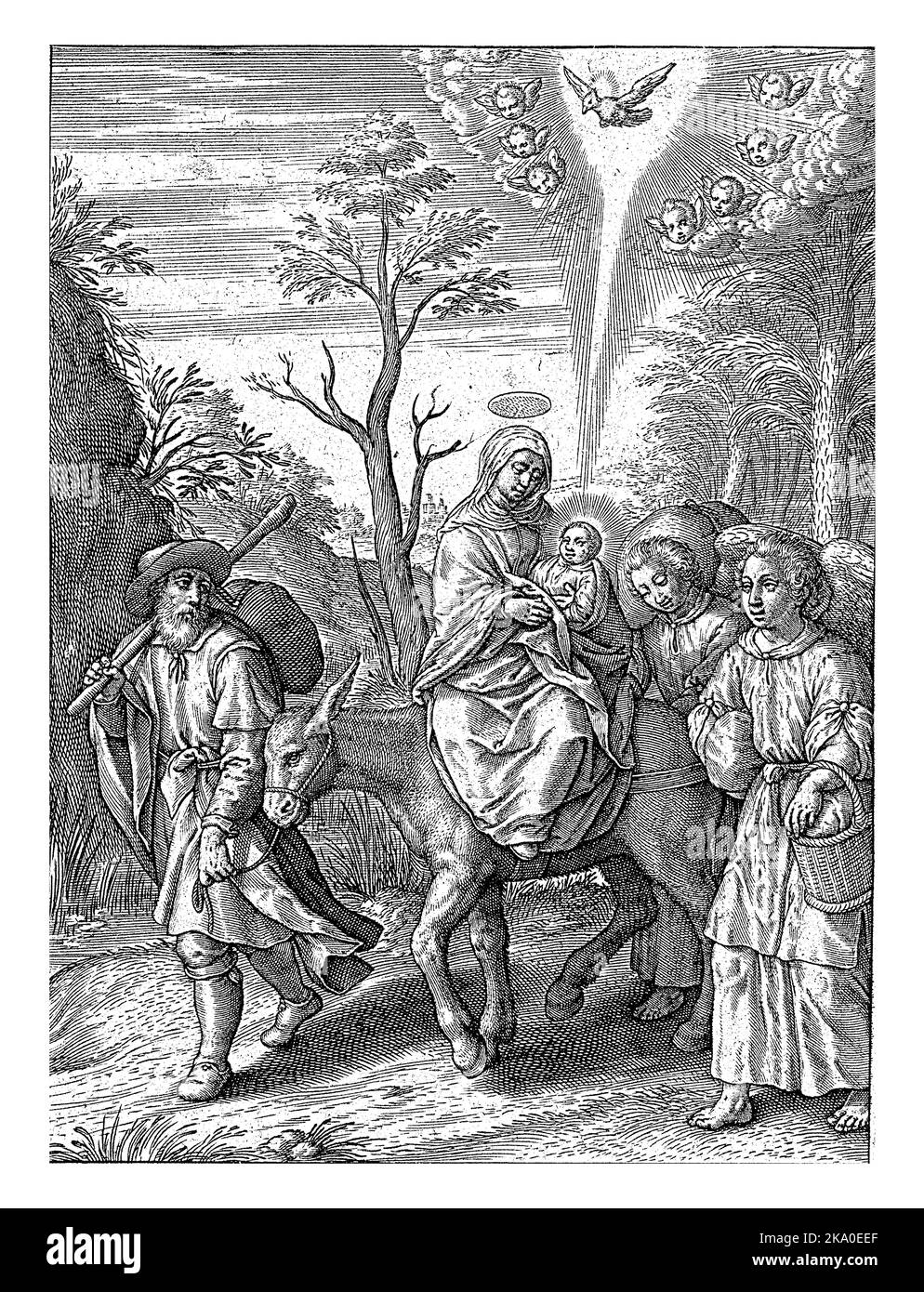 Fuga in Egitto, Hieronymus Wierix, 1563 - prima delle 1619 Maria cavalca l'asino con il bambino Cristo in braccio. Giuseppe guida l'animale sulle redini Foto Stock