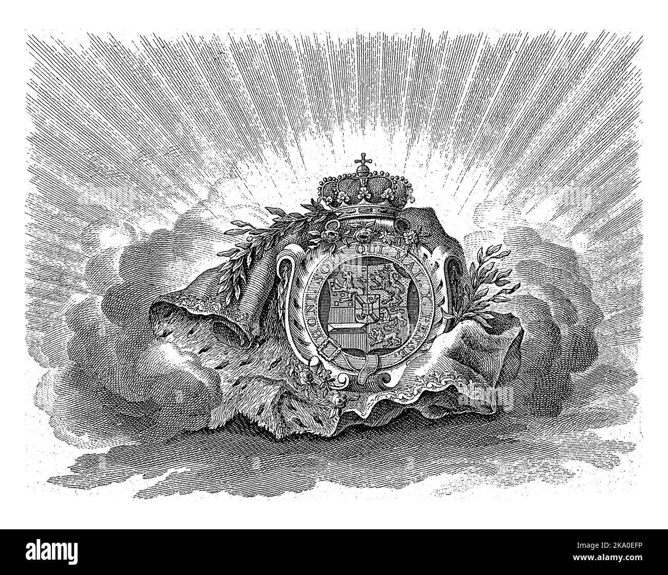 Stemma di Guglielmo V con corona, decorato con il Garter e il motto dell'Ordine del Garter. Circondato da un certo numero di obje allegoriche Foto Stock