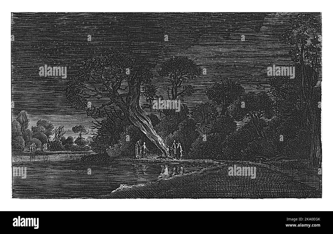 Paesaggio notturno con un fiume. Sulla riva destra, sotto un albero, alcune figure al chiaro di luna. Foto Stock