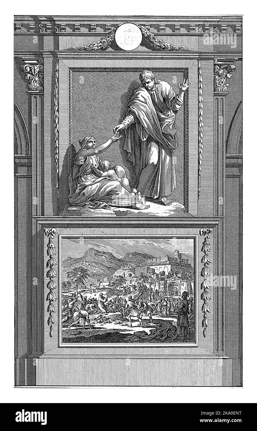 H. Stefanus, Jan Luyken, dopo Jan Goeree, 1698 Santo Stefano dà una moneta a una donna che chiede l'elemosina con bambino. Stefano si trova su un piedistallo sul quale si trova il suo santo Foto Stock