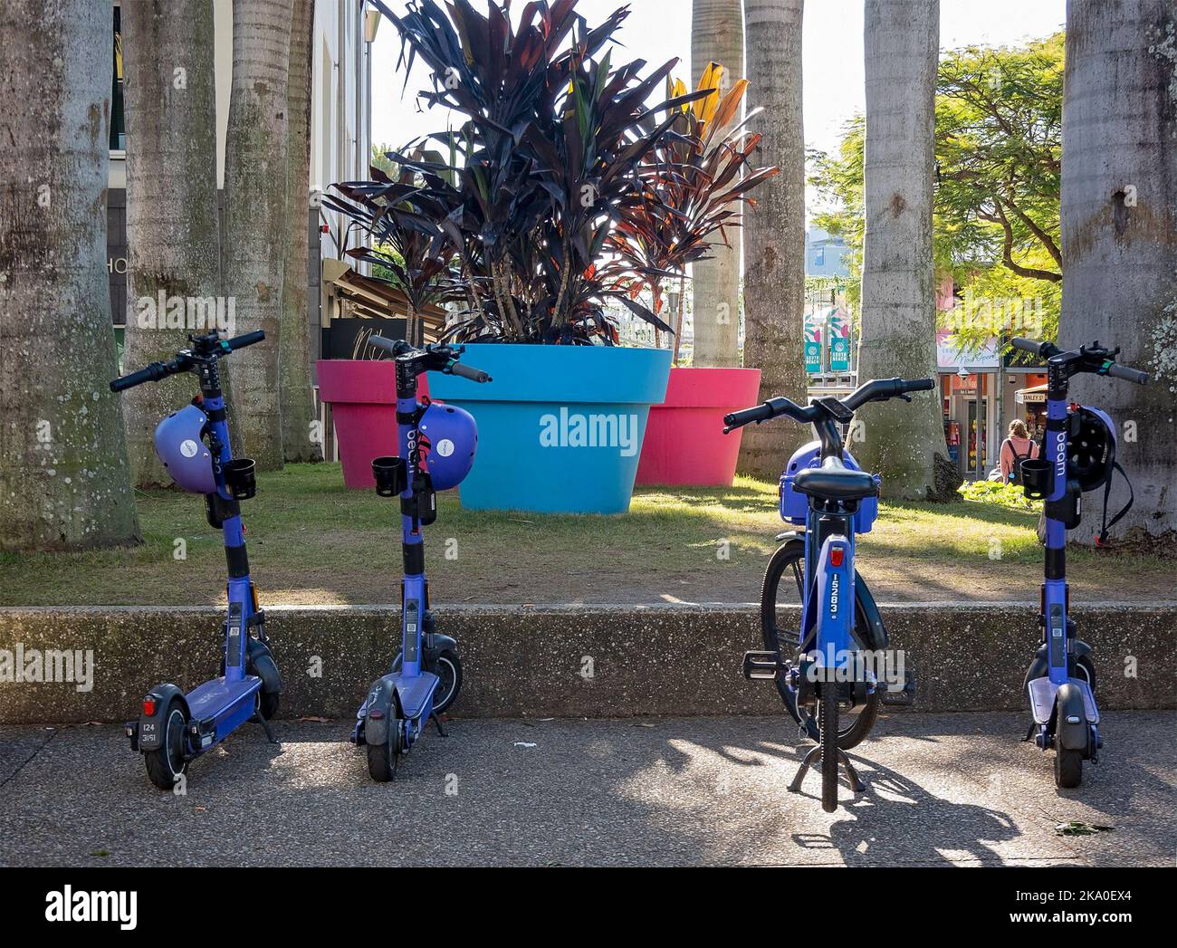 Brisbane, Queensland, Australia - 2022 agosto: Scooter del Consiglio parcheggiati di fronte a enormi piante in vaso in un parco all'aperto. Foto Stock