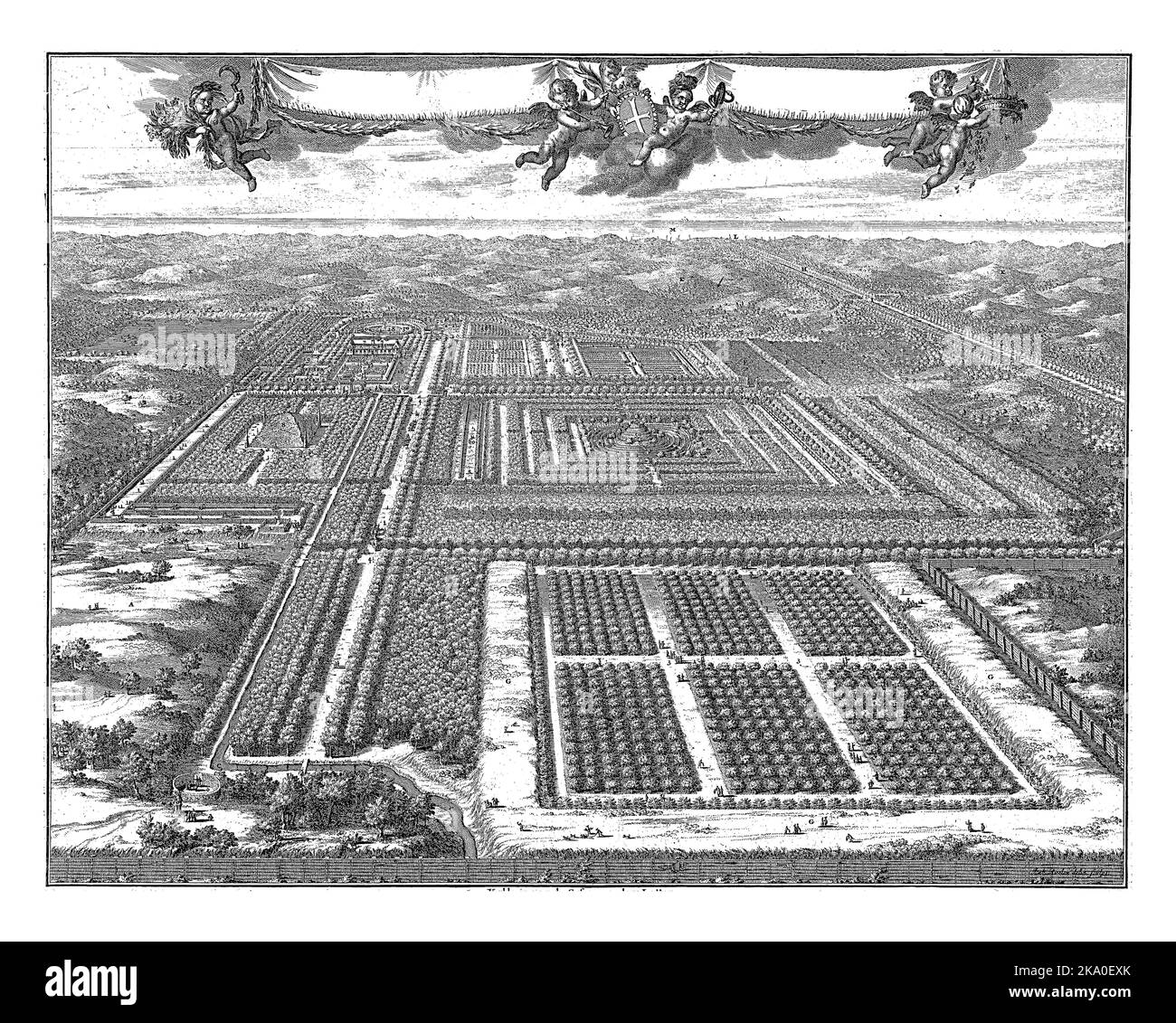 Vista del Parco Zorgvliet all'Aia, Johannes Jacobsz van den Aveele, 1721 - 1774 Vista dall'alto della tenuta Zorgvliet all'Aia. Foto Stock