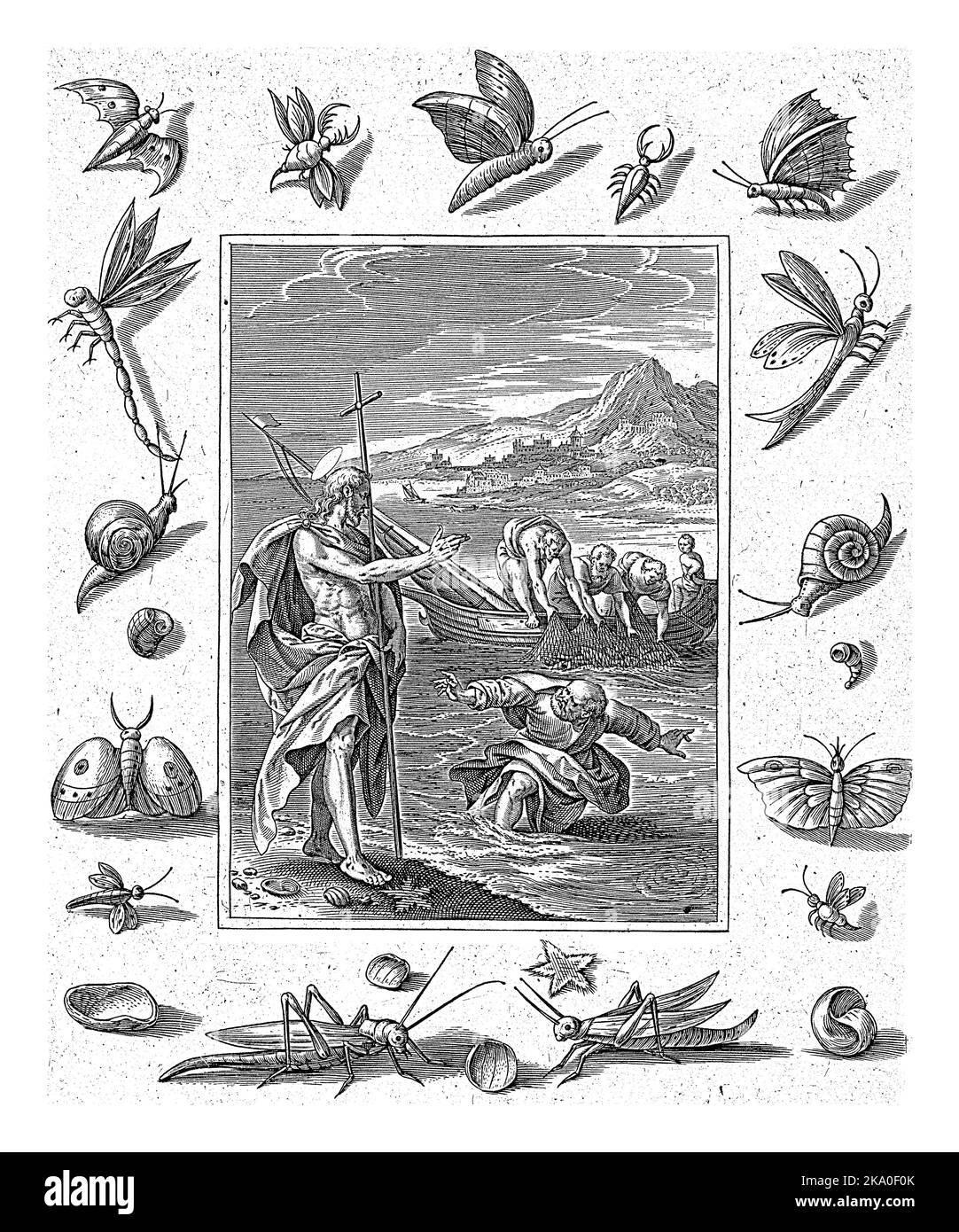 Pesca miracolosa, Antonie Wierix (II), dopo Maerten de Vos, 1582 - 1586 Cristo appare sulla riva del lago Tiberias. Cristo ordina i suoi discepoli Foto Stock