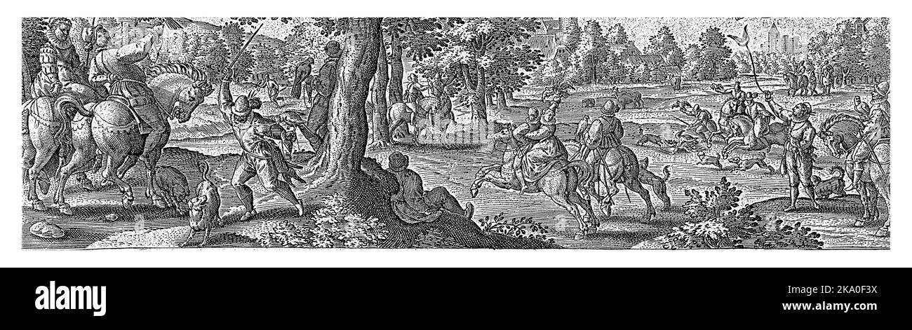 I cavalieri cacciano aironi con il falco da caccia. La stampa ha una didascalia in latino ed è parte di una serie di 54 stampe. Foto Stock