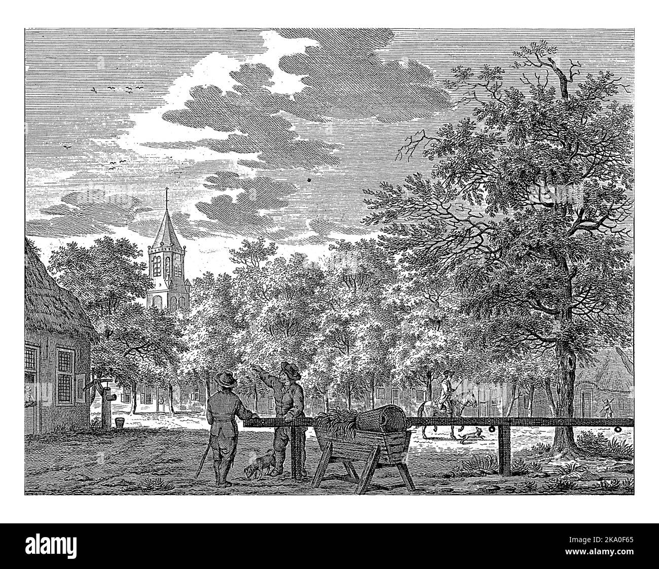 Il villaggio di Laren. In primo piano la piazza del paese. La torre della chiesa sullo sfondo. La stampa fa parte di una serie di villaggi olandesi. Foto Stock