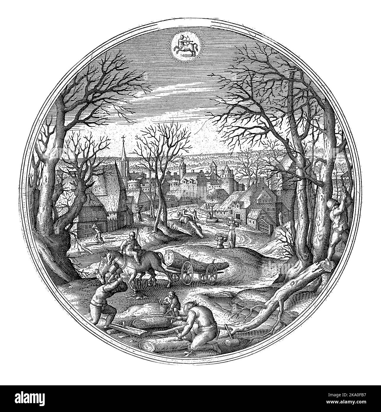 Novembre, Adriaen Collaert, dopo Hans Bol, 1578 - 1582 cornice rotonda con un paesaggio autunnale con scene autunnali. L'attenzione è sul taglio del legno per Foto Stock