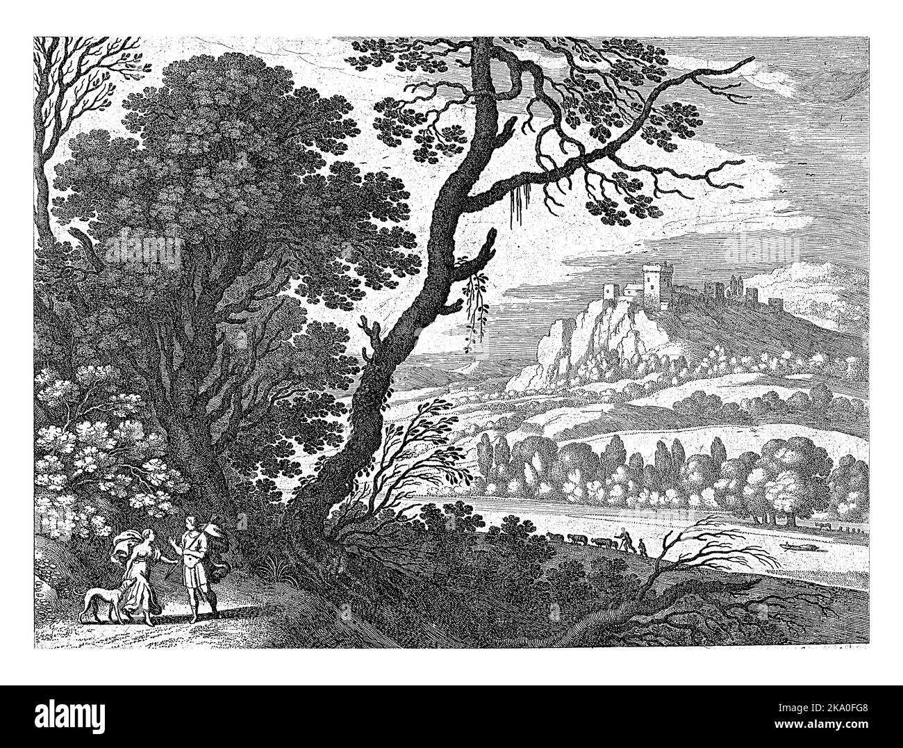 Venere cerca di fermare Adonis dalla caccia. Adonis tiene in mano una lancia. Accanto a Venere c'è un cane da caccia. A destra si estende un paesaggio con un r Foto Stock