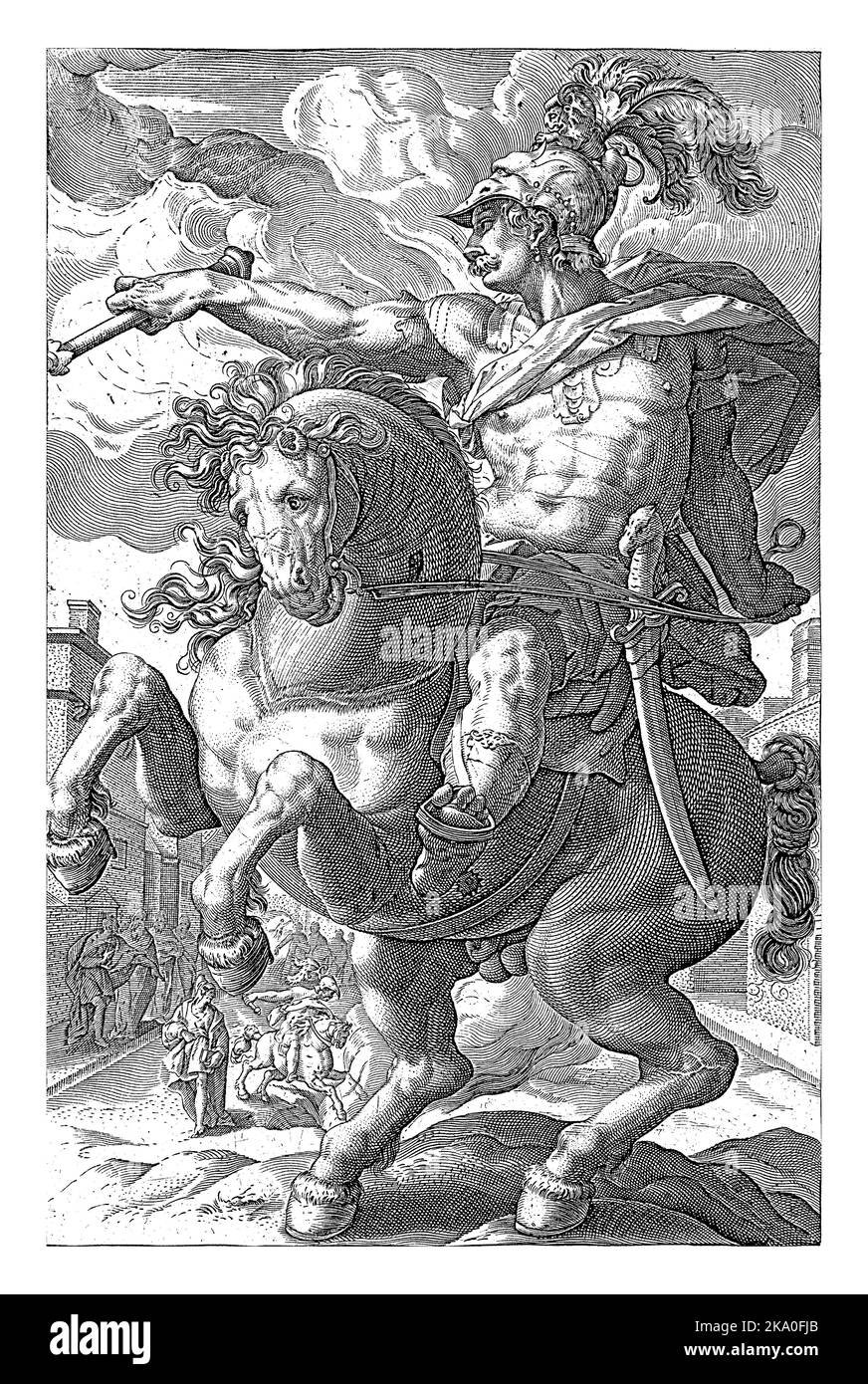 L'eroe Marcus Curtius a cavallo, uno staff del capitano nella sua mano destra. Foto Stock