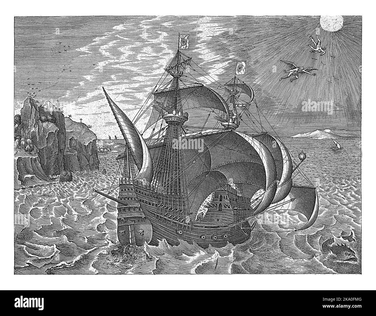 Una nave a vela in acqua al largo di una costa. Nel cielo la caduta di Icarus. Foto Stock