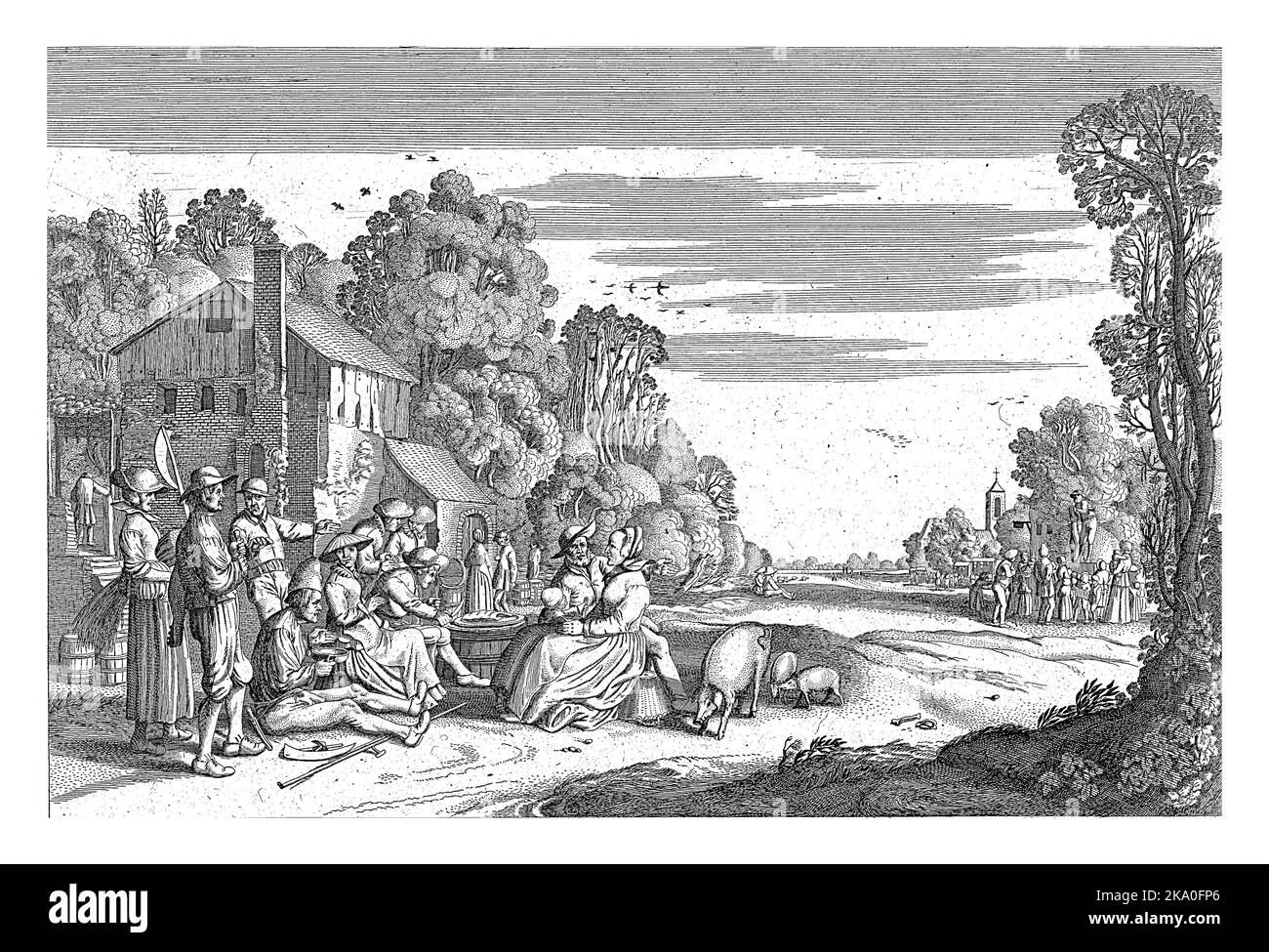 Zomer (Aestas), Jan van de Velde (II), 1694 - 1756 mangiare e conversare figure e una donna con una falce vicino a una casa. A destra un uomo con una lei Foto Stock