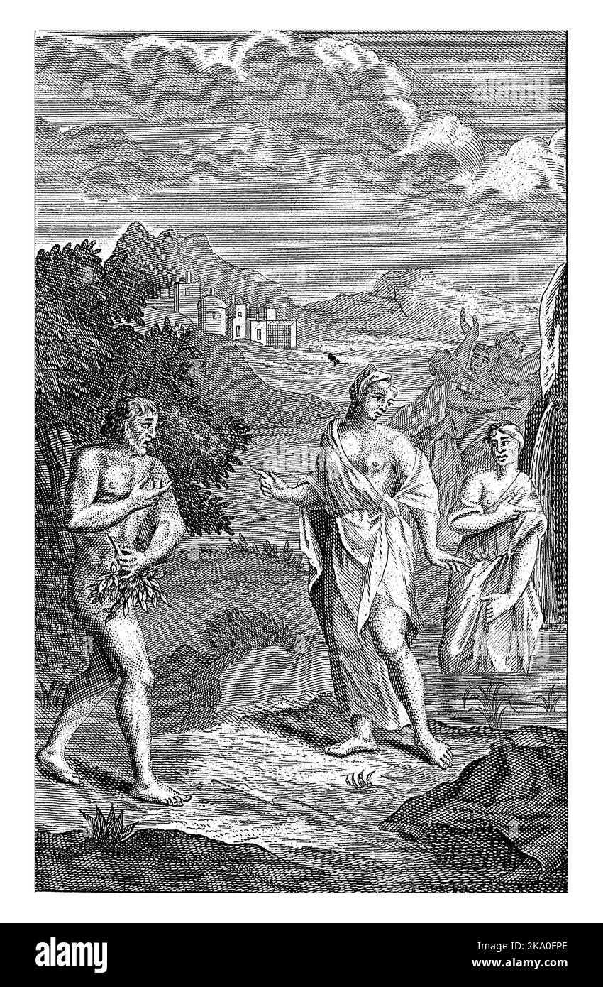 Paesaggio con Minerva che appare a Nausicaa e le istruisce a lavare i vestiti nel fiume con le sue servi. Foto Stock