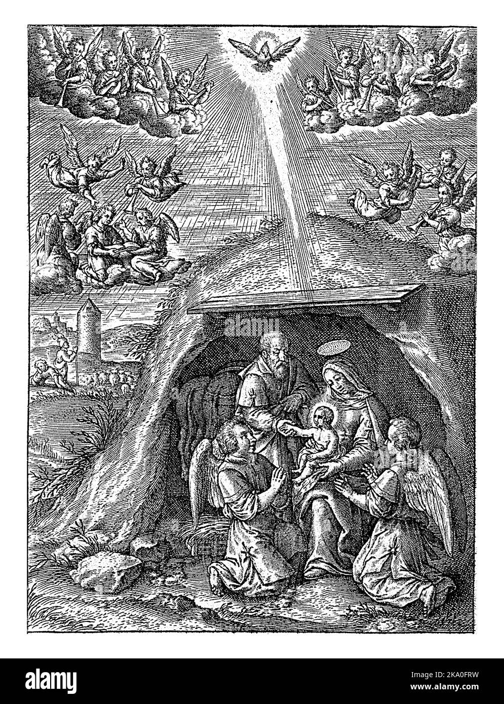 Nascita di Cristo, Hieronymus Wierix, 1563-1619 Maria siede con il bambino Cristo in grembo nella stalla di Betlemme. Due angeli si inginocchiano in adorazione bef Foto Stock