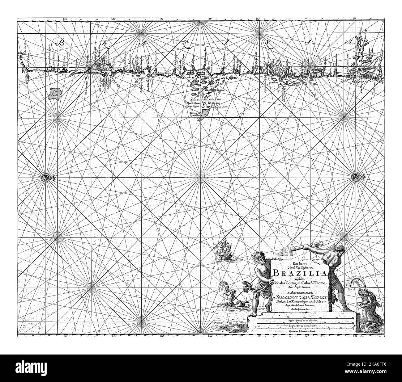 Mappa del mare di parte della costa del Brasile, con due rose bussola, il Nord è sulla destra. In basso a destra il titolo, l'indirizzo dell'editore e. Foto Stock
