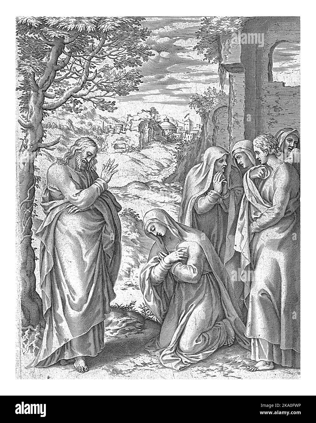 Cristo apparso alle donne sante, Cornelis Cort, dopo Giulio Clovio, 1584 - 1585 Cristo apparso alle donne sante, una delle quali si inginocchia davanti a lui. Foto Stock