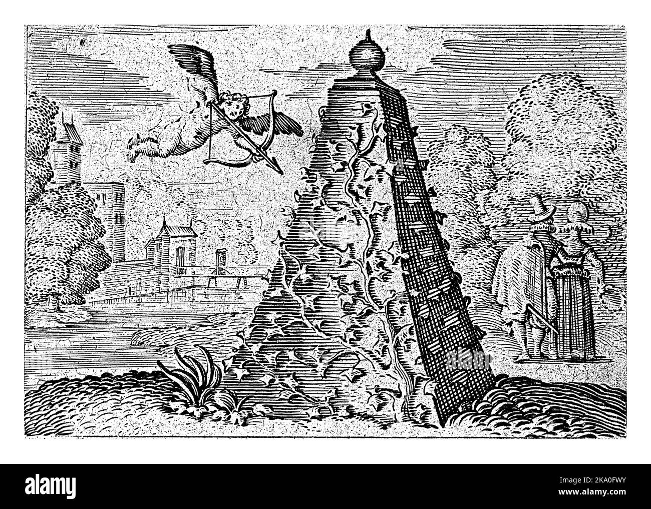 Amor con un ornamento da giardino, Michiel le Blon, 1616 in un paesaggio si trova un ornamento da giardino a forma di piramide, sovrasfruttato di edera. Foto Stock