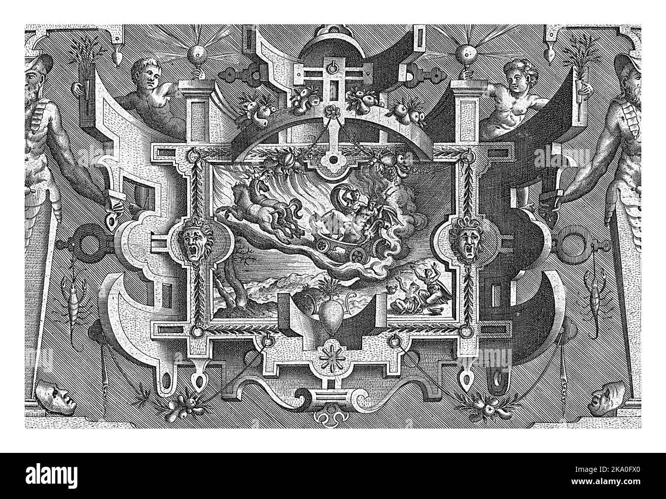 Metà di un herme è visibile ad entrambe le estremità della foglia. Sfondo ombreggiato. Scene bibliche e mitologiche in una cornice di scorrimenti e grottesche. Foto Stock
