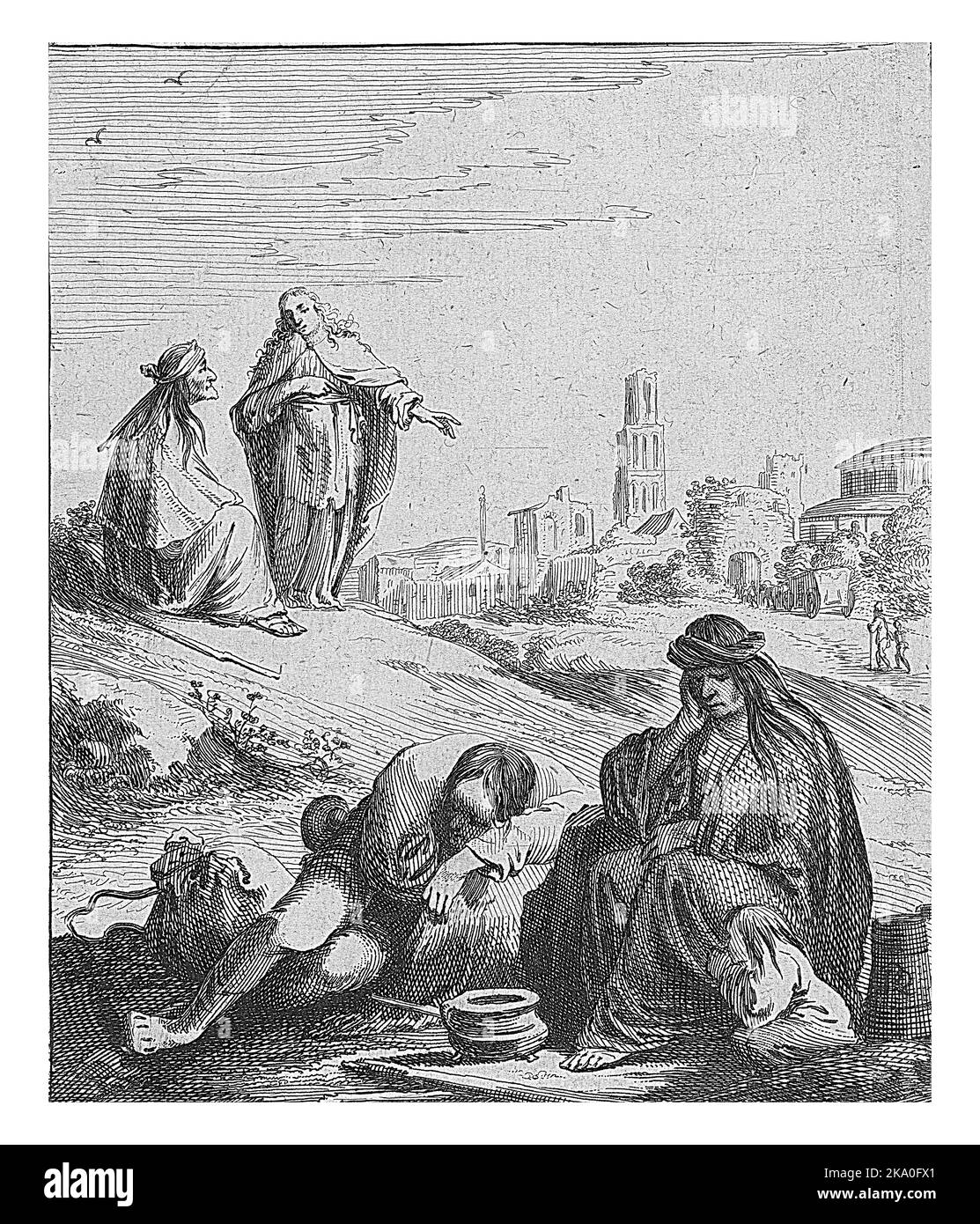 In primo piano, un uomo, una donna e un bambino riposano in un recipiente da cucina nel campo. Sullo sfondo, Pretioze Foto Stock