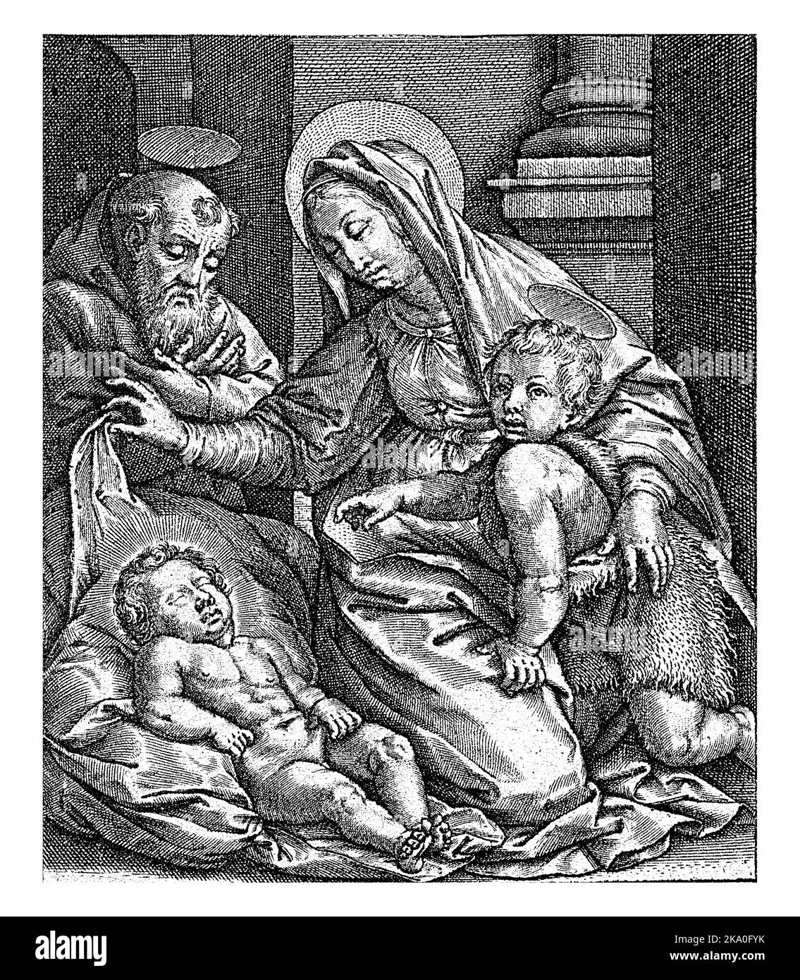 Santa Famiglia con il Bambino del Cristo che dorme, Hieronymus Wierix, 1563 - prima del 1619 Maria solleva il foglio del Bambino del Cristo che dorme. Lei ha messo lei un Foto Stock