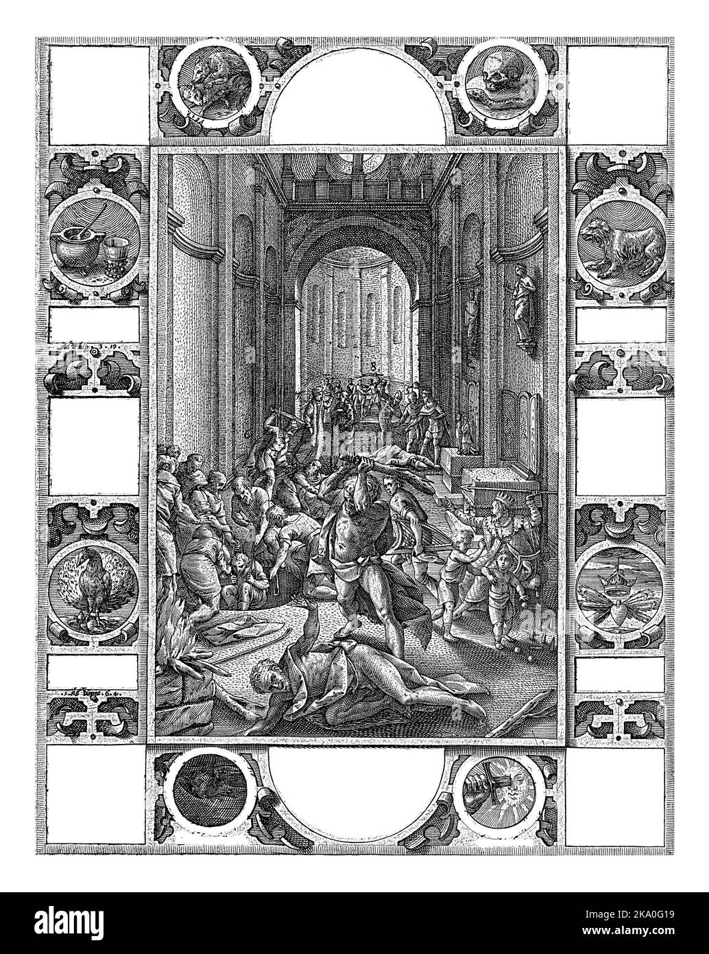 Disaccordi all'interno della Chiesa, Hendrick Goltzius, 1578 allegorie con una rappresentazione centrale di un interno della chiesa in cui varie figure bibliche Foto Stock