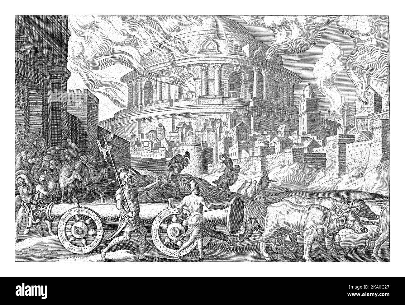 Sullo sfondo un tempio ardente. In primo piano uomini con vasi sulla schiena e cammelli imballati Foto Stock