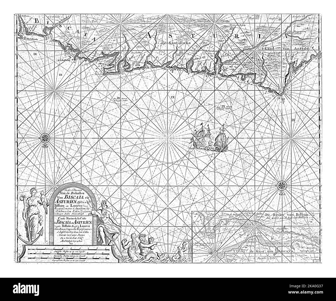 Carta nautica della parte del Golfo di Biscaglia vicino a Bilbao, con tre rose a bussola. In basso a destra un inset con una mappa dettagliata del fiume Nervion. Foto Stock