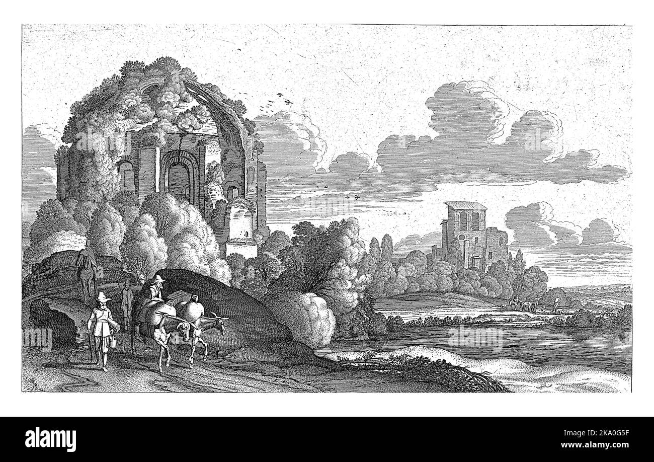 Viaggiatori al Tempio di Minerva Medica vicino a Roma, Jan van de Velde (II), dopo Pieter de Molijn, 1604 - 1641 viaggiatori con asini al TEM Foto Stock