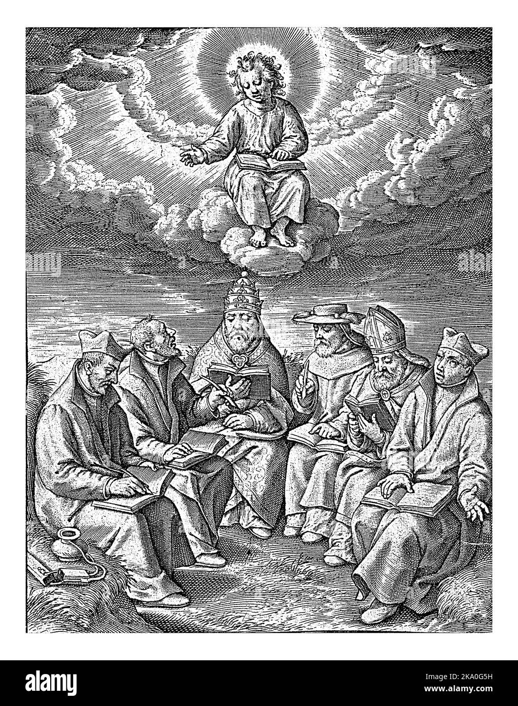 Adorazione del Cristo Bambino da parte dei chierici, Hieronymus Wierix, 1563 - prima del 1619 sei chierici adorano il Cristo Bambino che li benedice da una nuvola. Foto Stock