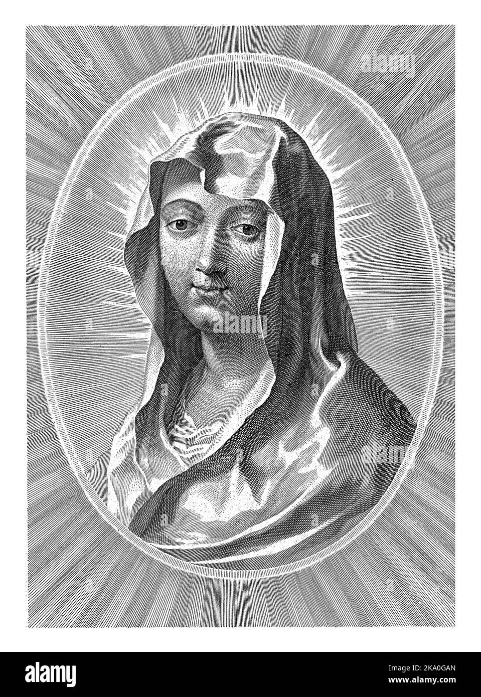 La Vergine Maria, Nicolas Pitau (i), 1644 - 1671 Busto ritratto della Vergine Maria, circondato da raggi di luce. Al margine un motto in latino (Trono Foto Stock