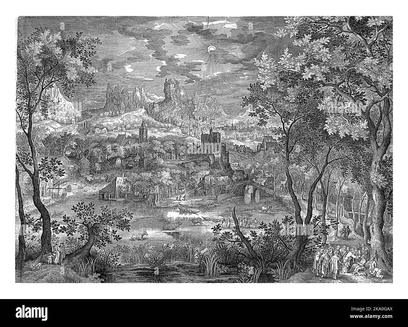 Paesaggio boscoso con una città costruita contro le colline in lontananza. In primo piano una zona paludosa in cui Cristo a destra, sotto l'occhio Foto Stock