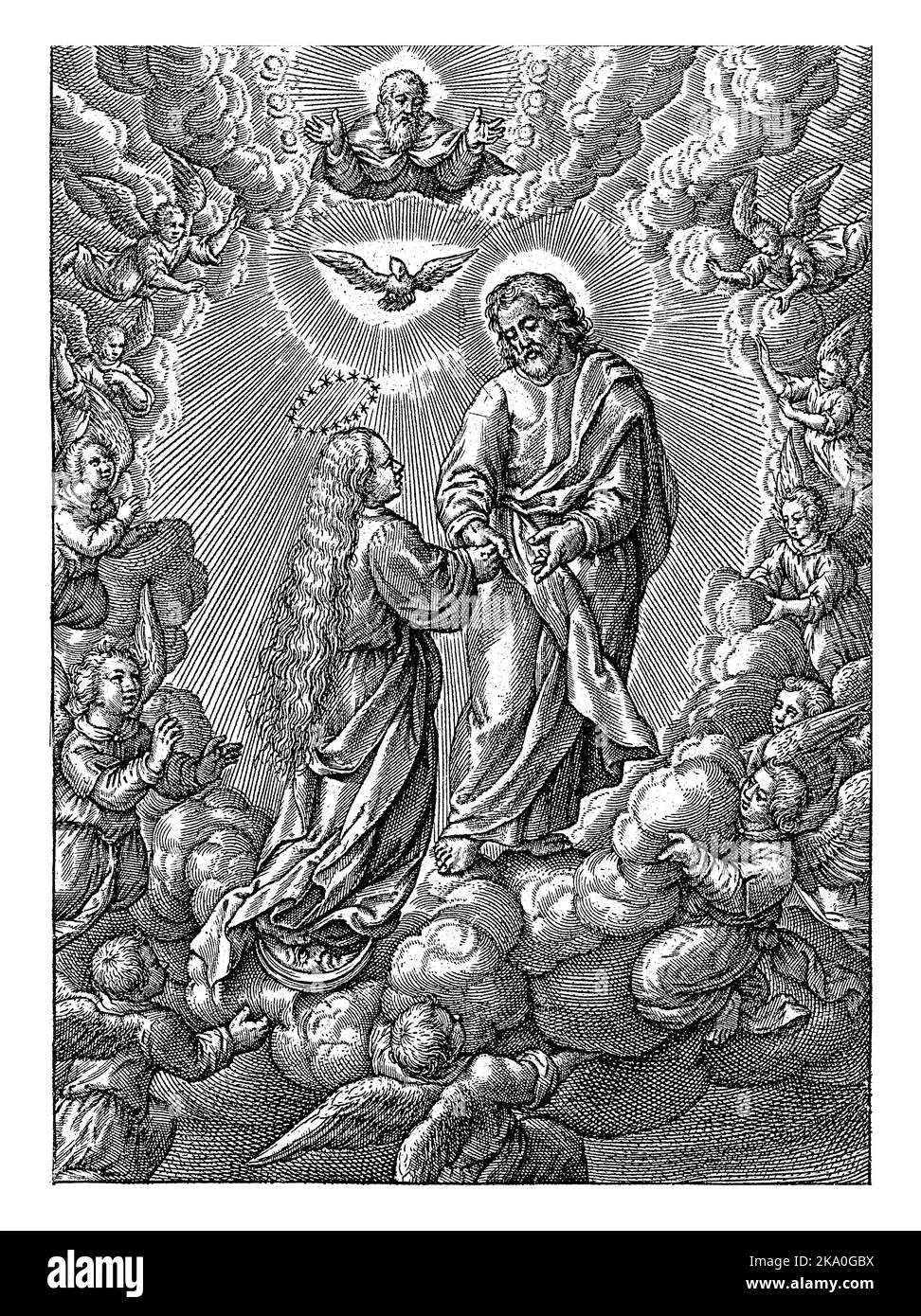 Assunzione di Maria, Hieronymus Wierix, 1563 - prima del 1619 Maria viene portata in cielo sulla luna crescente. Cristo prende la mano. Sopra di lui il Santo Sp Foto Stock