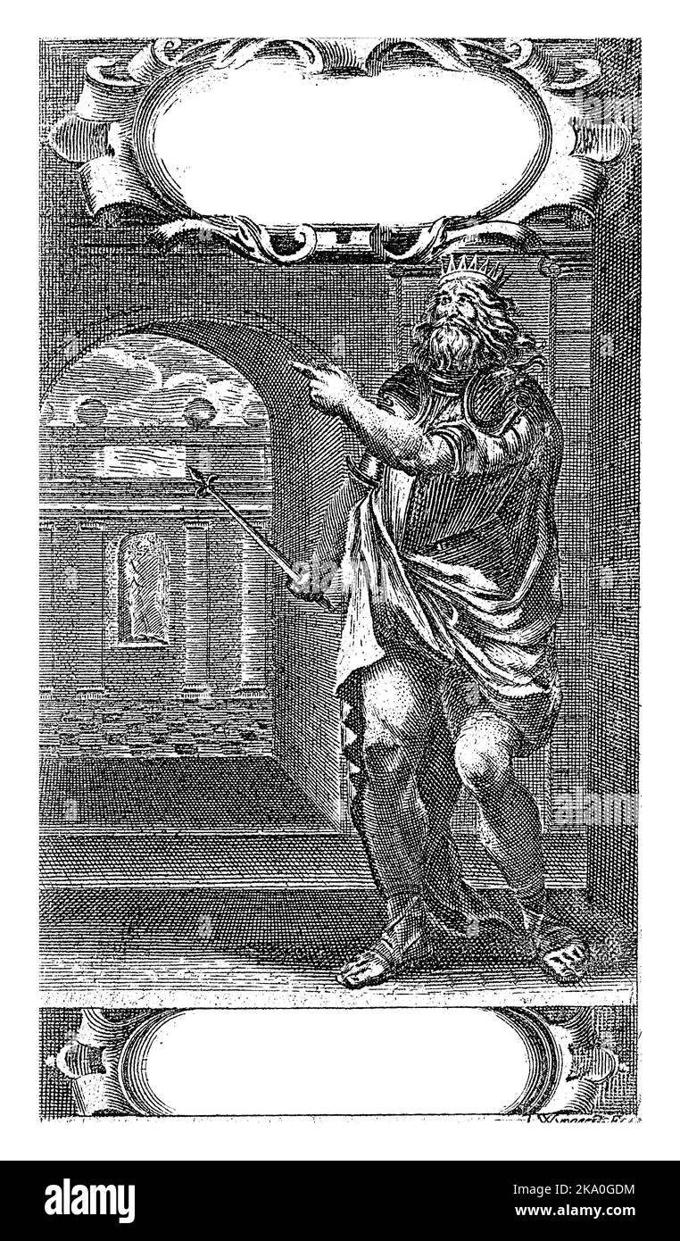 Re Nebucadnetsar, scettro in mano, indica un passaggio nel suo palazzo. Sotto i suoi piedi un riferimento alla storia della Bibbia Dan. 2. Nella parte superiore di un carrello Foto Stock