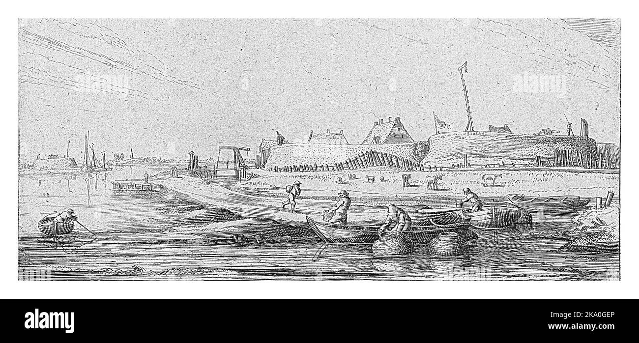 Barche a remi con pescatori di fronte a un forte sulla Scheldt, Esaas van de Velde, 1645, annata incisa. Foto Stock