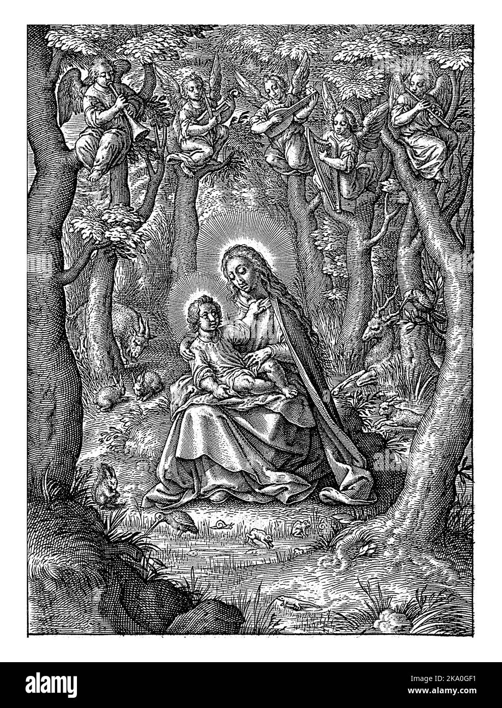 Riposa sul volo in Egitto, Antonie Wierix (III), dopo Hieronymus Wierix, 1606 - prima di 1619 Maria siede con il Cristo Bambino in grembo in un chiaro Foto Stock