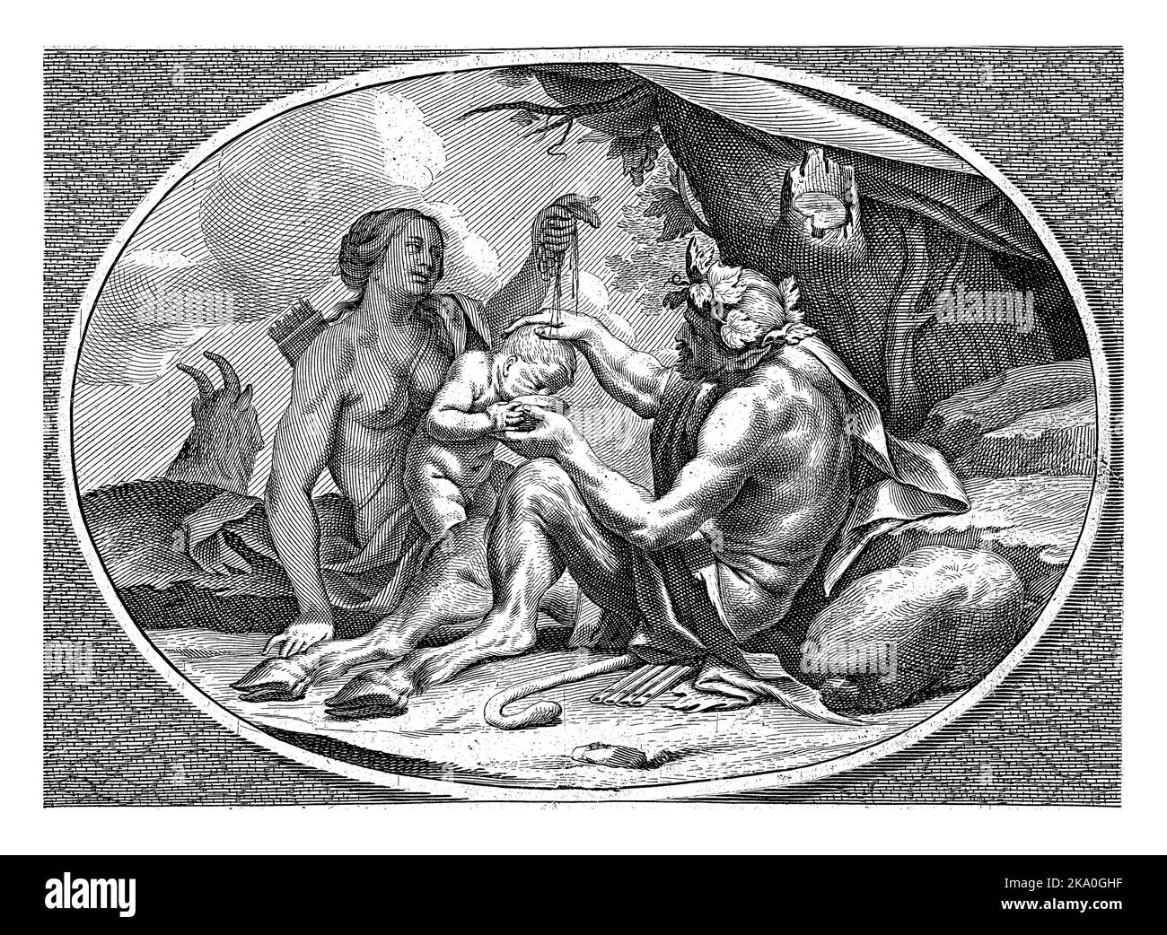 Satyr e Nymph con bambino bere succo d'uva da Bowl Foto Stock