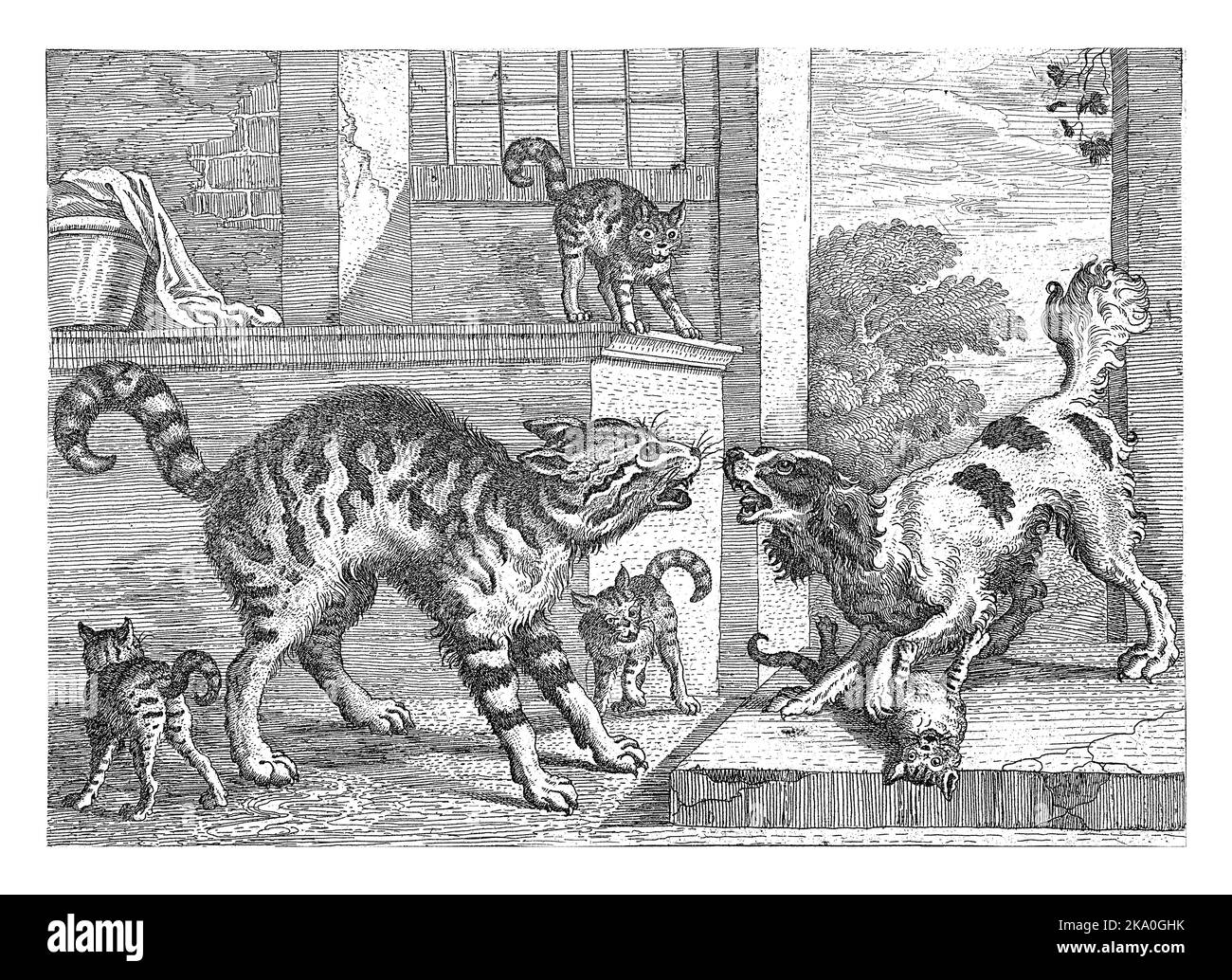 In una stanza, un gatto e un cane si fronteggiano l'un l'altro. Il cane che abbaia ha uno dei quattro gattini sotto le zampe anteriori. Questa stampa fa parte di una serie di dieci stampe Foto Stock