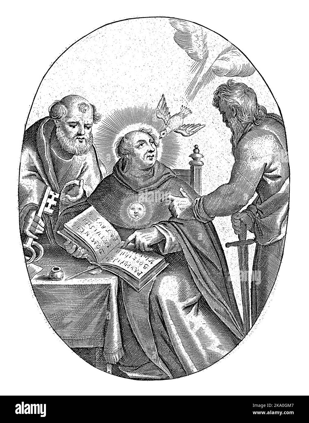 San Tommaso d'Aquino con Pietro e Paolo, Joannes Galle, 1848 San Tommaso d'Aquino seduto a tavola in uno studio, parlando con i Santi Pietro e Paolo. Foto Stock