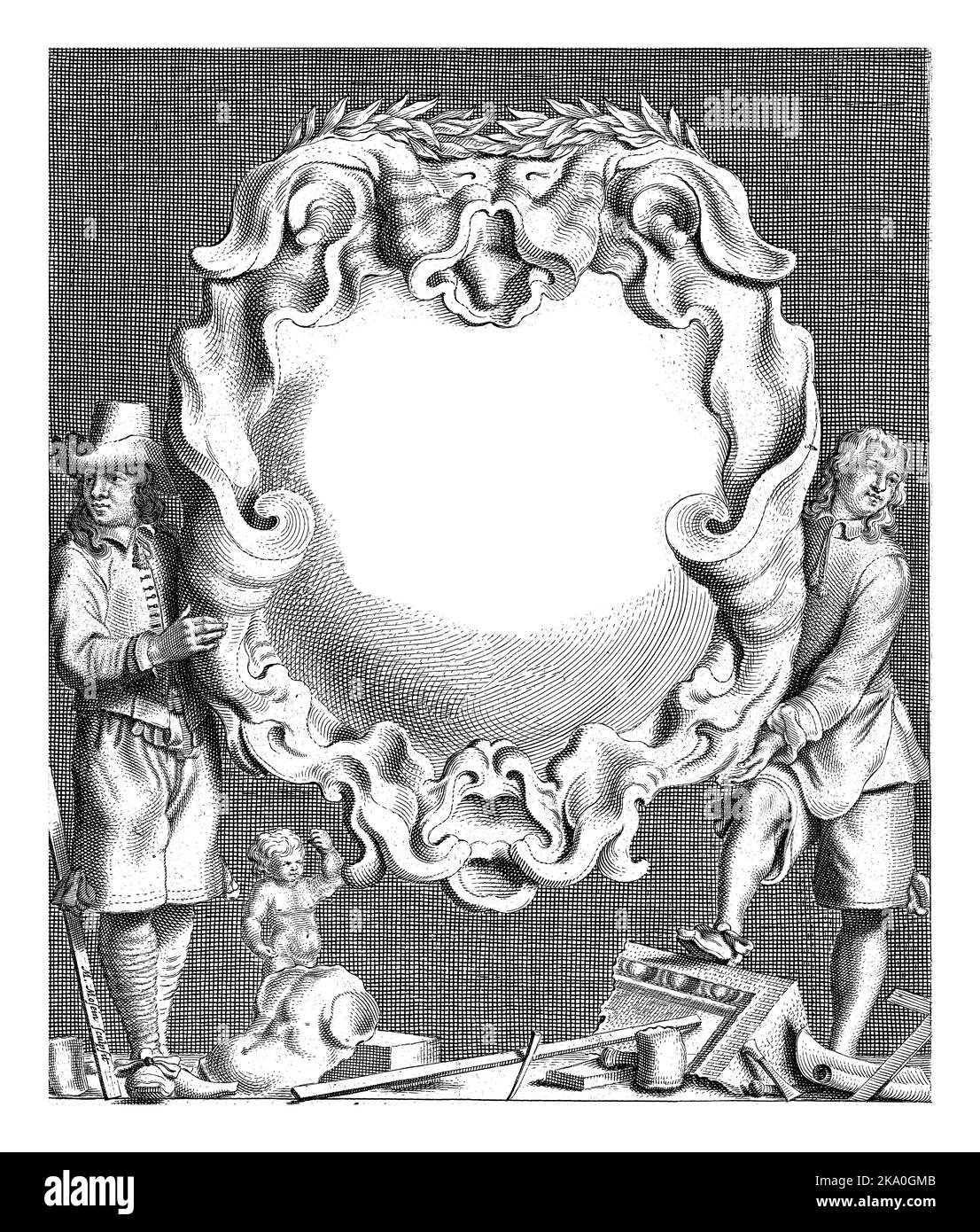 Cartouche con ornamento lobo, sostenuto da due uomini, attributi dello scultore ai loro piedi. Testo al centro. Foto Stock