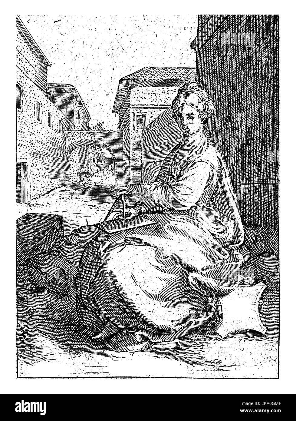 Saggezza, anonima, dopo Jan Saenredam, dopo Hendrick Goltzius, 1601 - 1652 la personificazione della saggezza si trova di fronte ad un edificio e lavora con Foto Stock