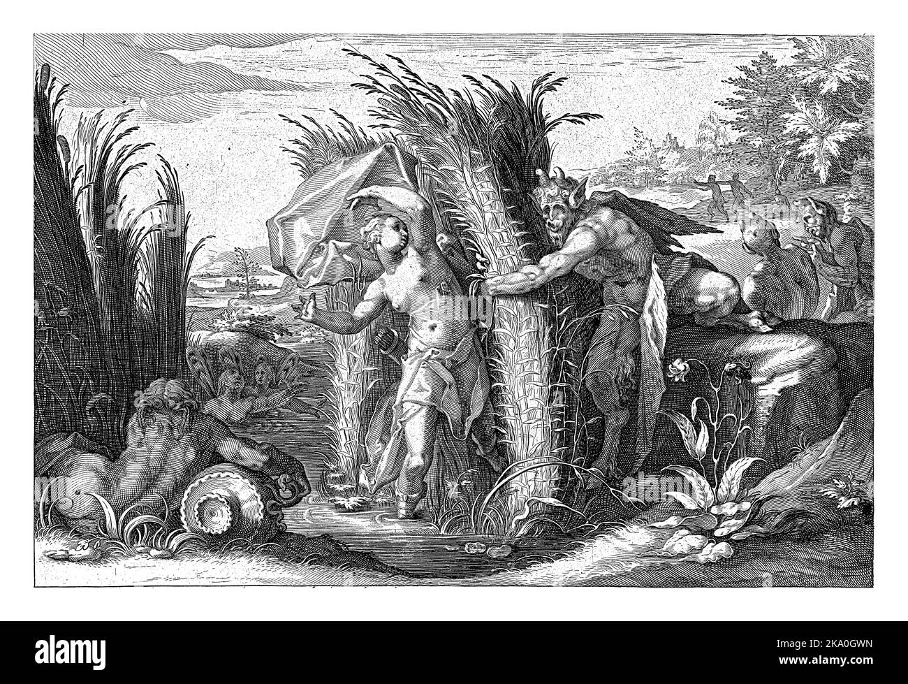 Il dio Pan persegue la ninfa Syrinx. A malapena lo sfugge trasformandosi in canne sulla riva del fiume Ladon. Foto Stock