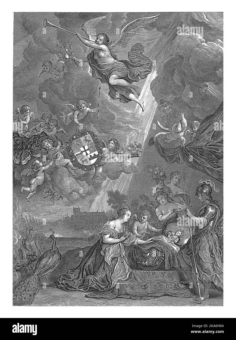 Allegoria della nascita del Principe Guglielmo III, 14 novembre 1650. Minerva, Giunone e Cupido e Flora si inginocchiano intorno alla culla con il bambino. Foto Stock