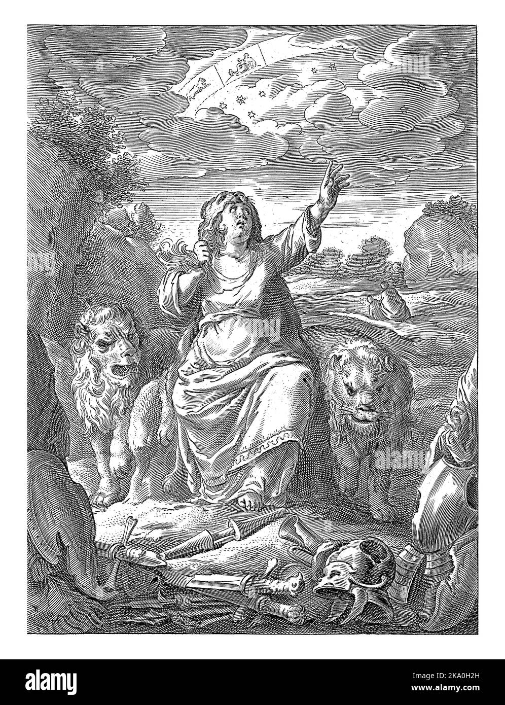 Personificazione femminile del continente Africa come donna con pelle di leone seduta tra leoni, Cornelis van Dalen (II), 1648 - 1664 personificazione di con Foto Stock