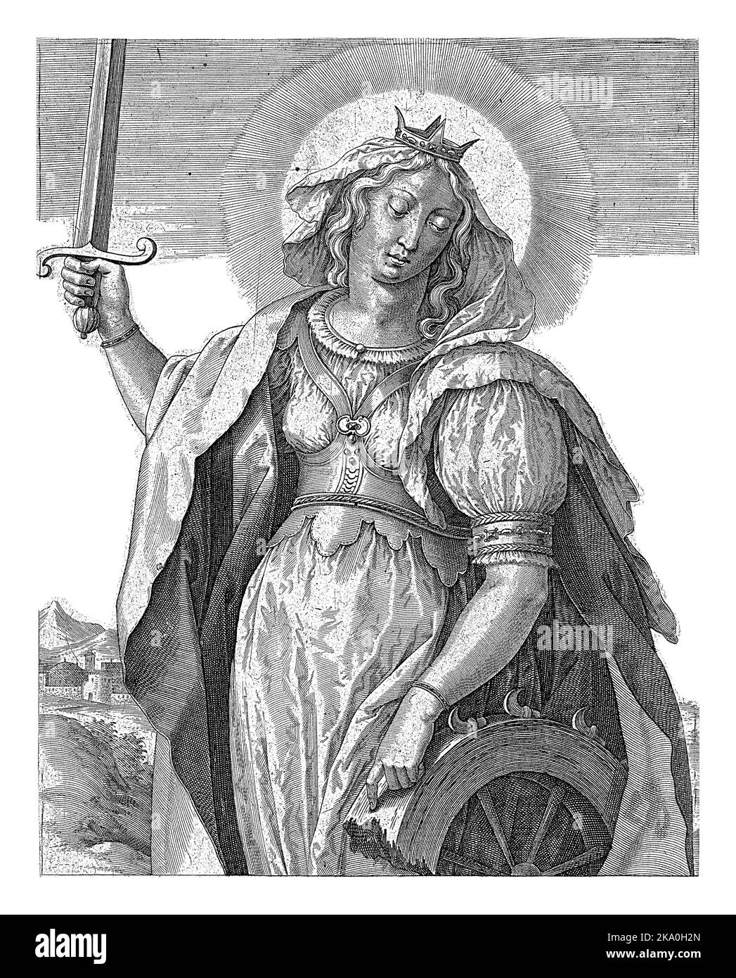 Caterina d'Alessandria, Antonie Wierix (II), dopo Hieronymus Wierix, 1565 - prima 1604 Paesaggio con Santa Caterina d'Alessandria. In mano Foto Stock
