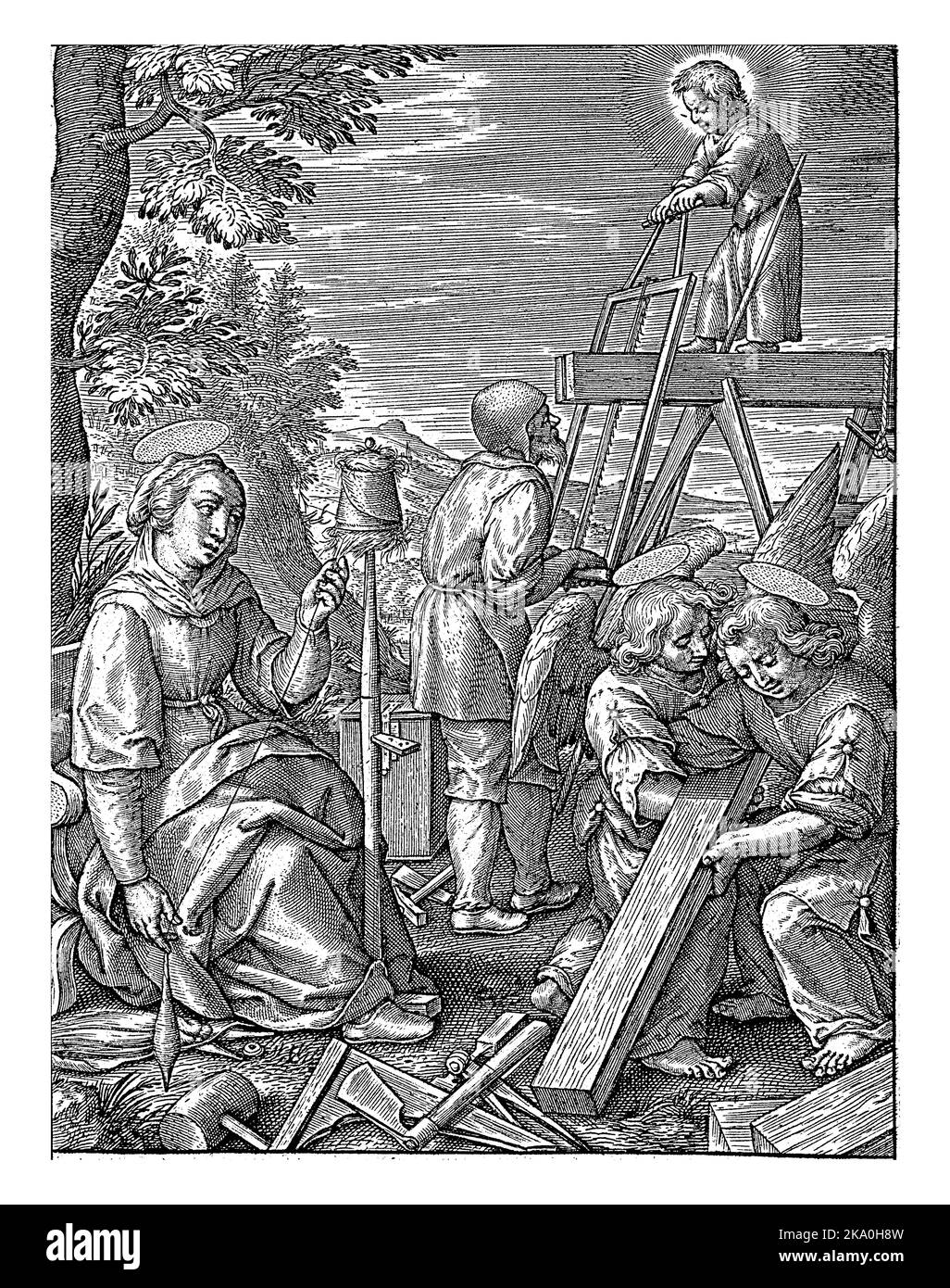 Cristo Bambino aiuta Giuseppe a vedere, Hieronymus Wierix, 1563 - prima del 1619 il Cristo Bambino sta segando con suo padre Giuseppe. Due angeli nel forgroun Foto Stock