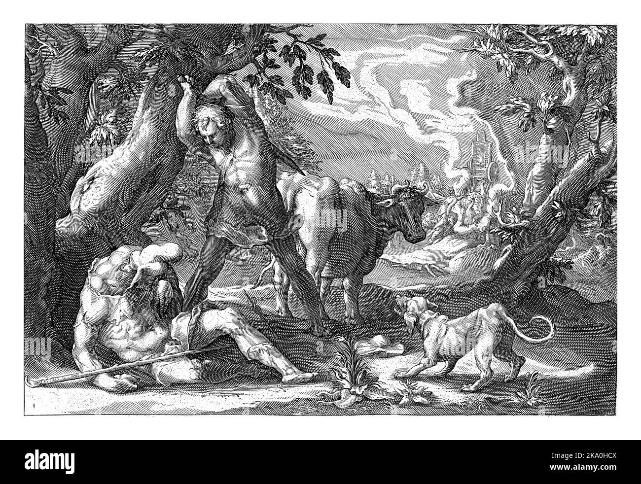 Dopo averlo suonato a dormire con il suo flauto, Mercurio uccide l'Argo dalle cento oculari, che stava sorvegliando la mucca Io al comando di Giuno. Foto Stock