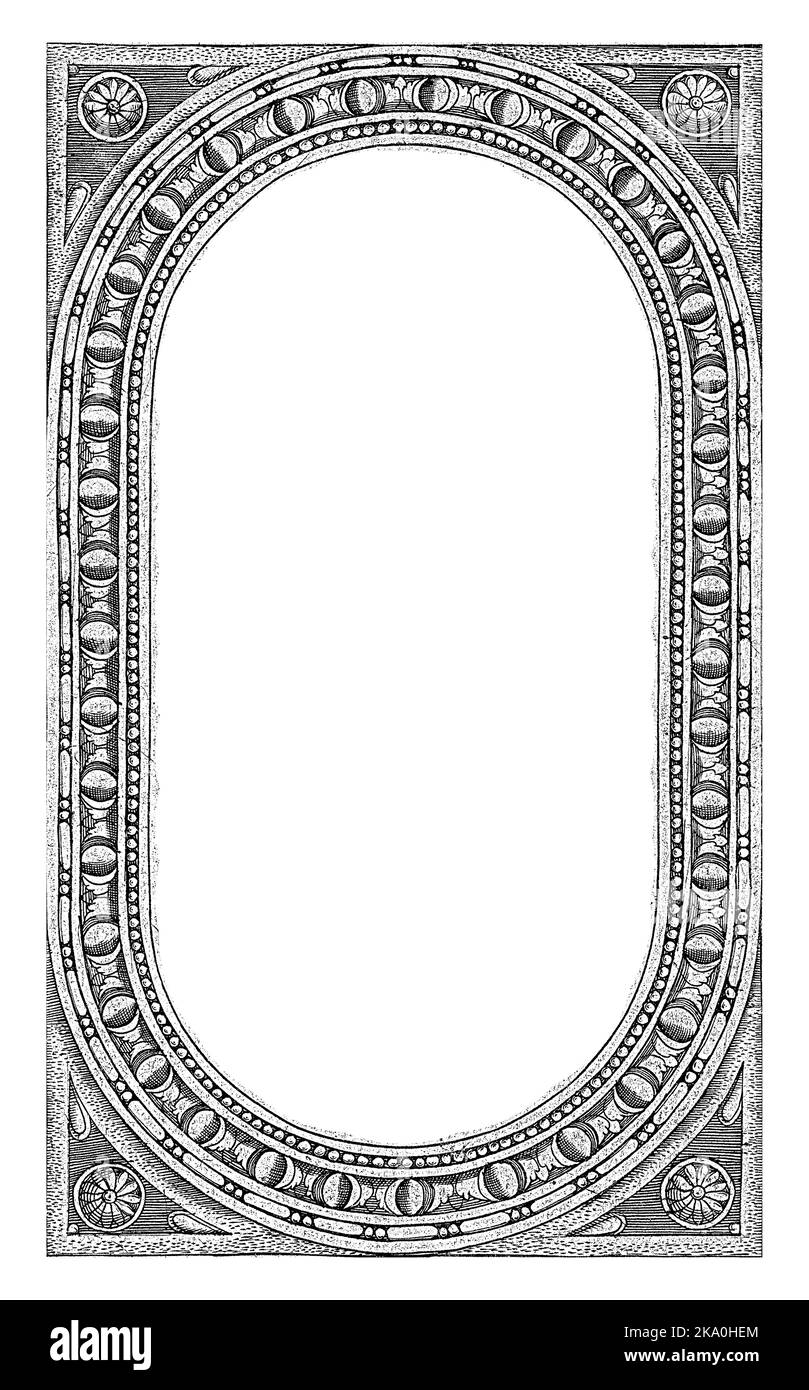 In una cornice ovale il titolo latino della serie. L'ovale è decorato con ornamenti decorativi. Questa è la stampa del titolo di una serie sul famoso wome Foto Stock