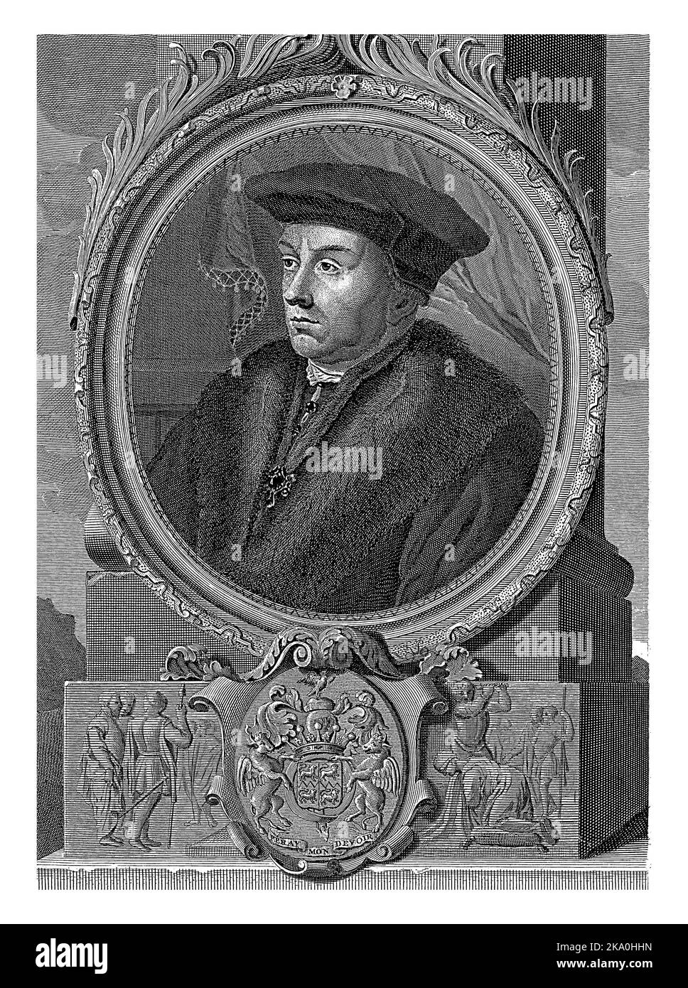 Ritratto dello statista inglese Oliver Cromwell. Sul piedistallo si trovano lo stemma e la decapitazione di Carlo i d'Inghilterra. Foto Stock