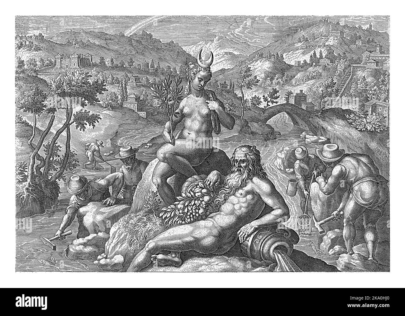 In un piccolo fiume, il pesce viene catturato con un martello e una rete di sbarco. Colpendo il martello sulle pietre, i pesci vengono cacciati e poi rimossi Foto Stock