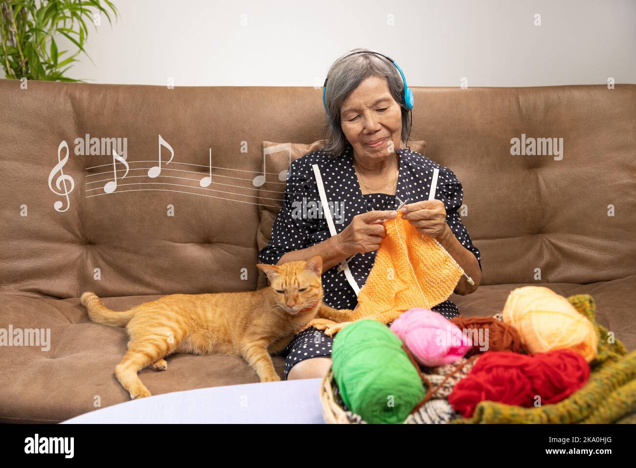 La musica e la terapia della maglieria nel trattamento della demenza su donne anziane. Foto Stock
